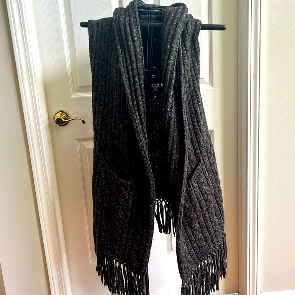 CAbi heather grey Cable Knit Sleeveless Sweater Vest with fringe